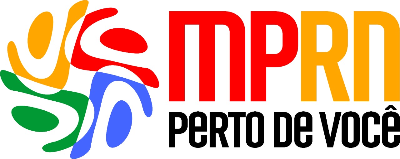 Logotipo do projeto MPRN Perto de Você (tem quatro bonequinhos (um vermelho, um amarelo, um azul e um verde) em um círculo ao lado do nome MPRN (em vermelho) Perto de Você (em preto).