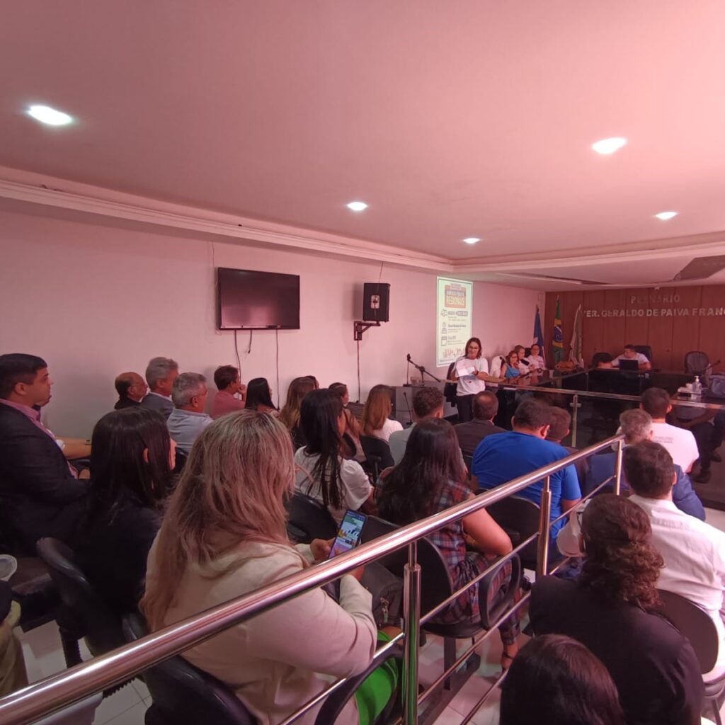 Imagem de várias pessoas sentadas em um plenário, durante uma audiência pública.
