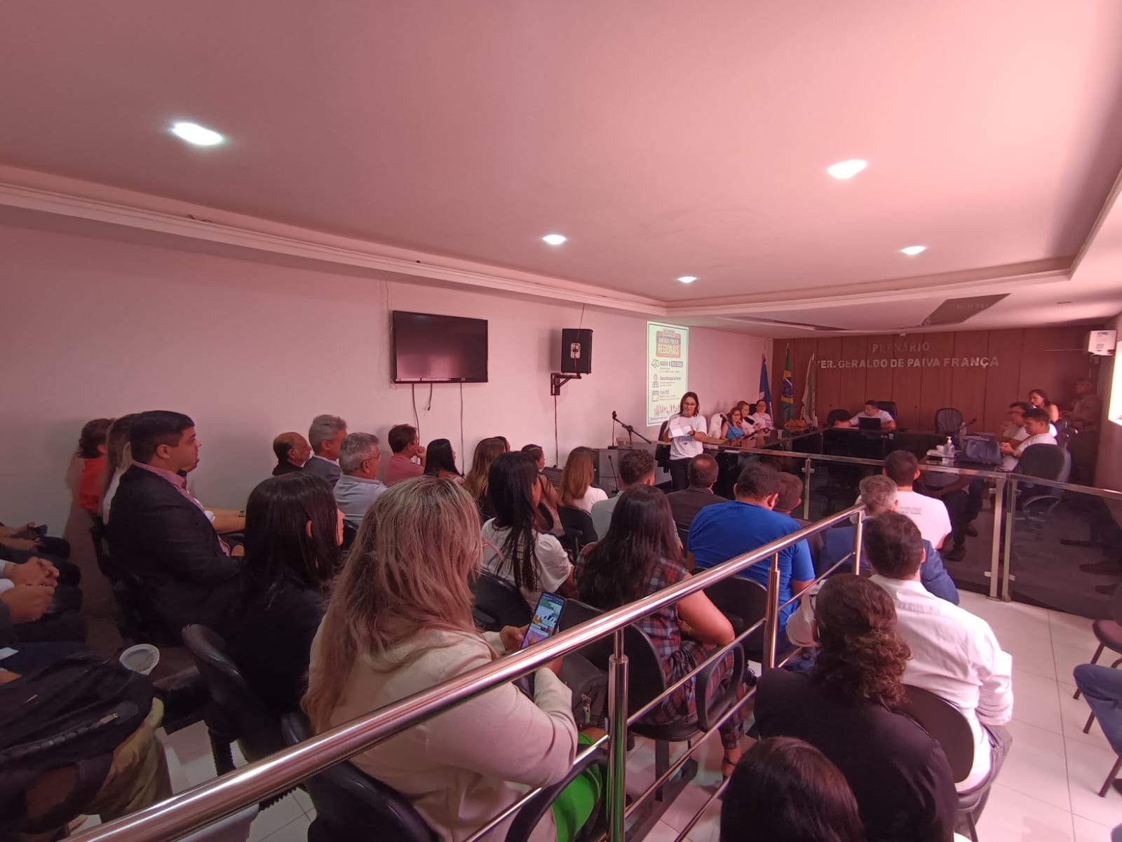 Imagem de várias pessoas sentadas em um plenário, durante uma audiência pública.