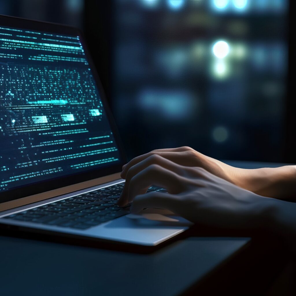 Imagem de um notebook e de uma pessoa, sem aparecer o rosto, acessando dados.