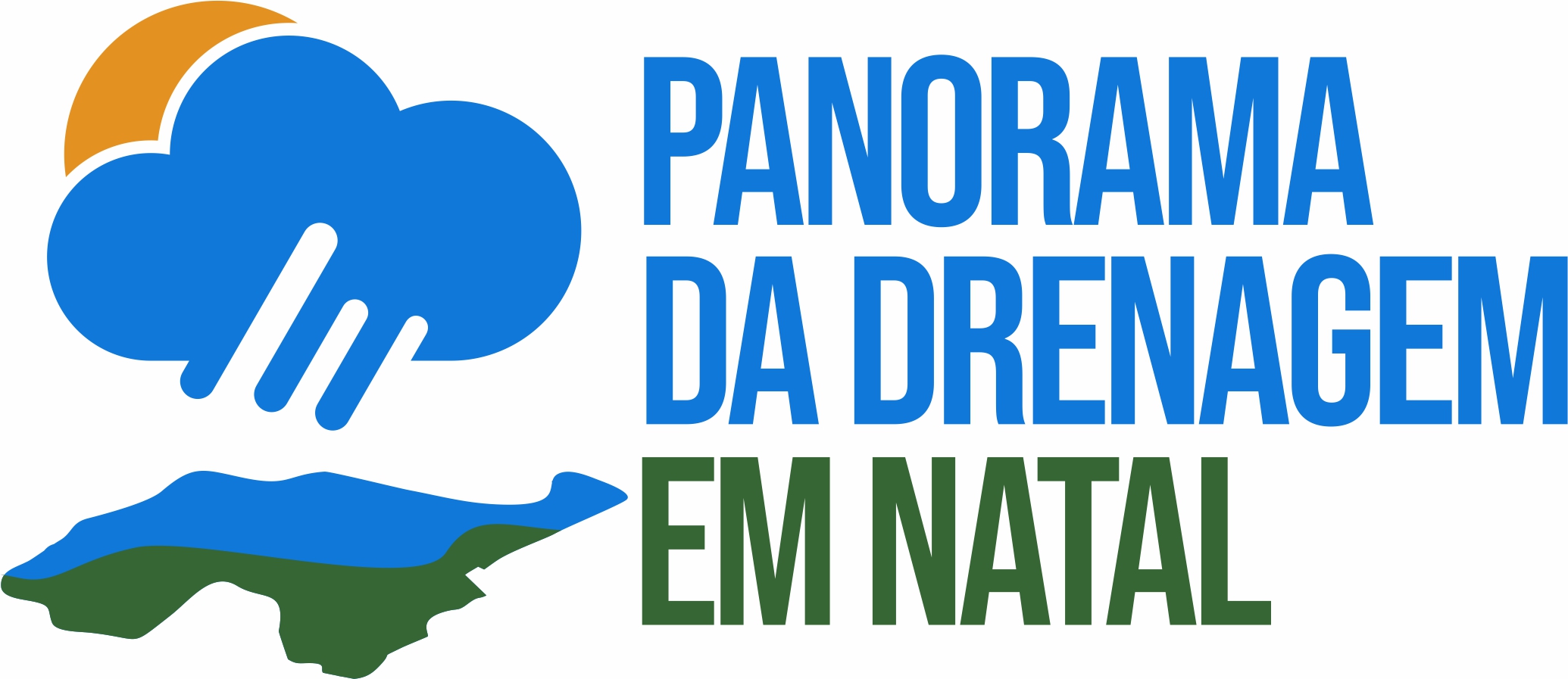 Imagem contendo, à esquerda, a representação de uma nuvem e gotas de água caindo sobre uma lagoa, com vegetação ao redor. Do lado direito está escrito "Panorama da Drenagem em Natal"