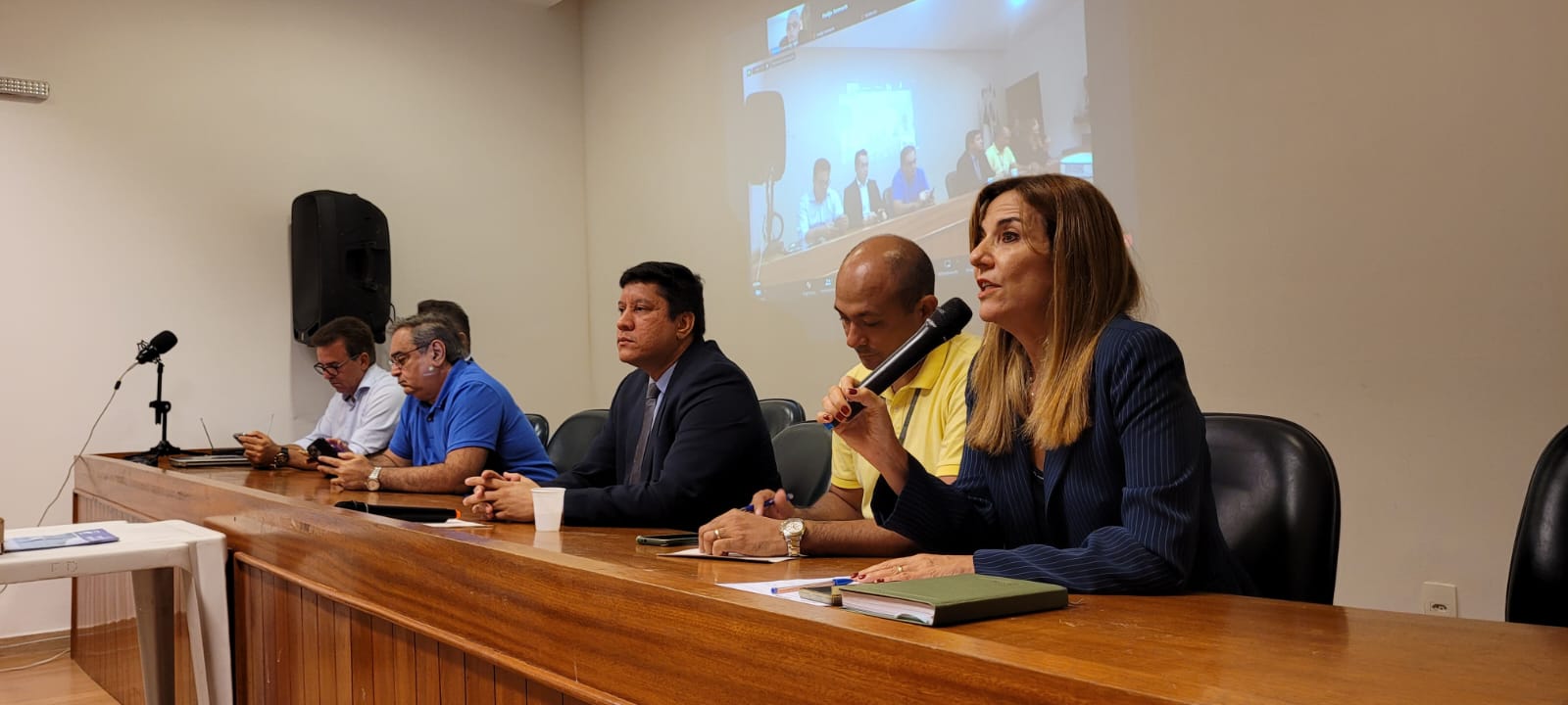 Imagem de cinco homens e uma mulher (esta falando ao microfone. Todos estão sentados à mesa, em um auditório.
