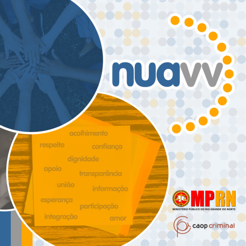 Imagem com o logo do NUAVV, tendo dois círculos (um azul, menor, e outro amarelo, maior) do lado esquerdo, e o logo do MPRN à direita.