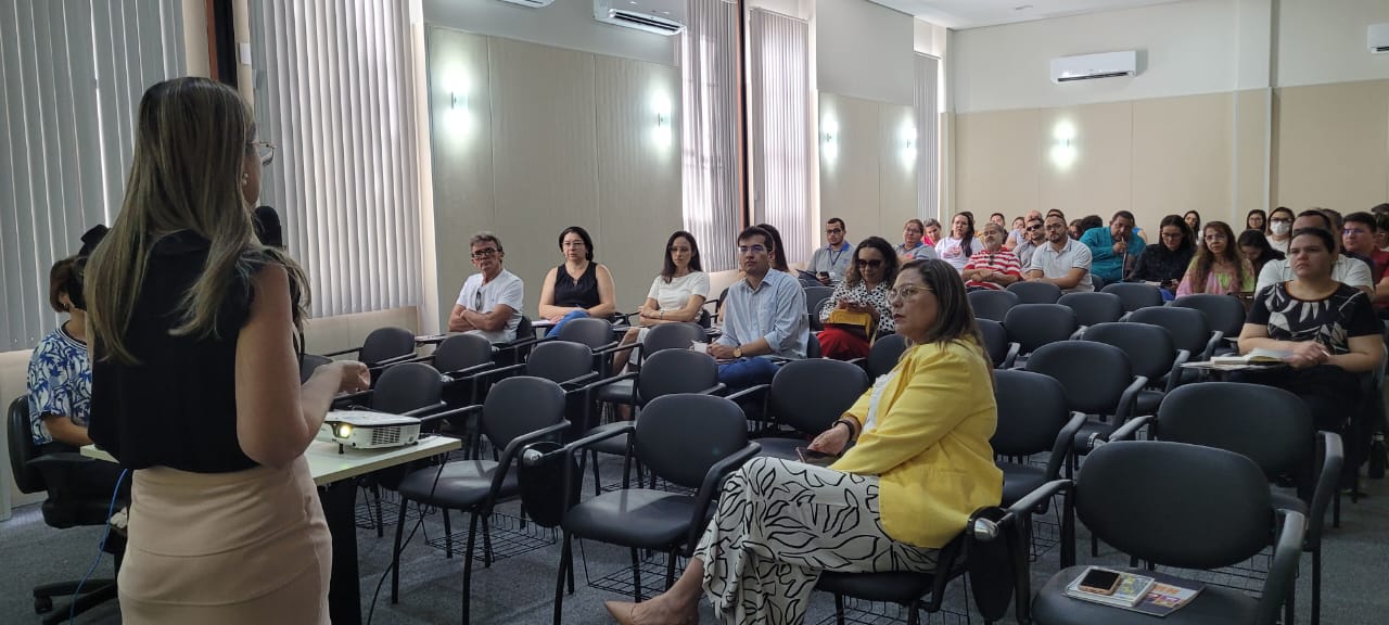 Imagem de uma mulher falando para pessoas em um auditório