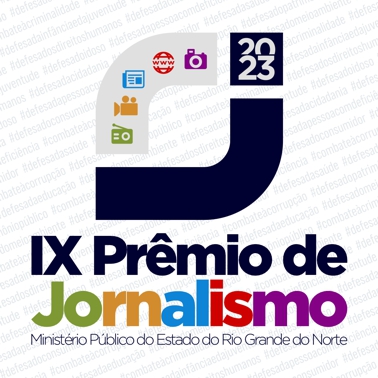 Logo do IX Prêmio de Jornalismo do MPRN, nas cores preta, verde, amarelo, azul, vermelho e roxo. Contém um "J", o ano de 2023 e o nome "IX Prêmio de Jornalismo - Ministério Público do Rio Grande do Norte"