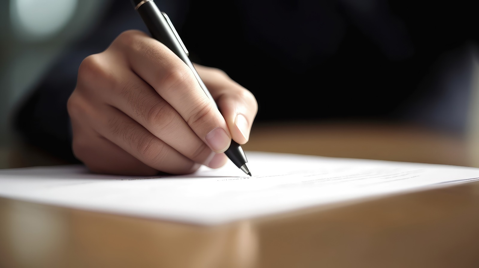 Imagem de uma mão masculina, segurando uma caneta preta e assinando um documento sobre uma mesa.