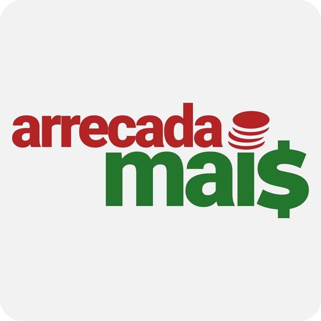 Logo do Projeto Arrecada Mais nas cores verde e vermelha, com moedas ao lado do nome "arrecada" e um cifrão no "s" da palavra "mais".