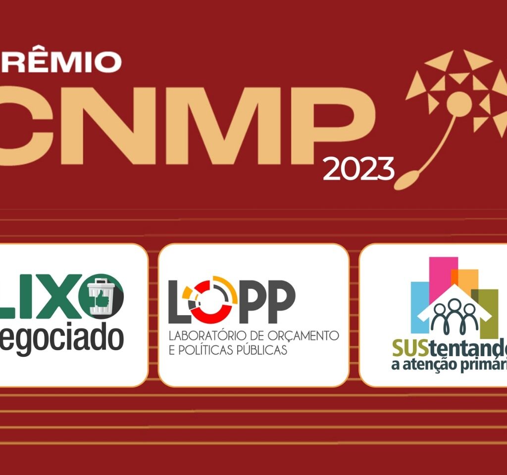 Imagem com a arte do Prêmio CNMP 2023 e os logos dos projetos finalistas Lixo Negociado, Lopp e SUStentando a Atenção Primária.