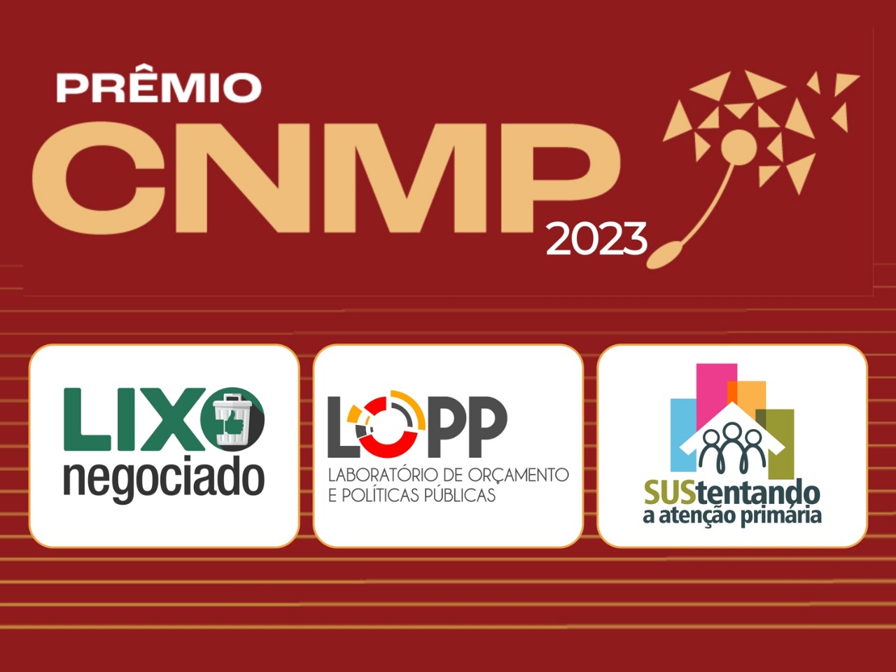 Imagem com a arte do Prêmio CNMP 2023 e os logos dos projetos finalistas Lixo Negociado, Lopp e SUStentando a Atenção Primária.