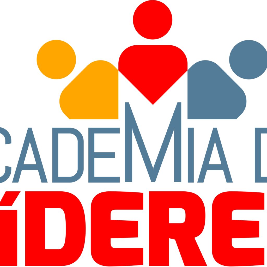 Imagem com o logo do projeto Academia de Líderes, nas cores amarela, vermelha e azul e três bonecos representando pessoas.