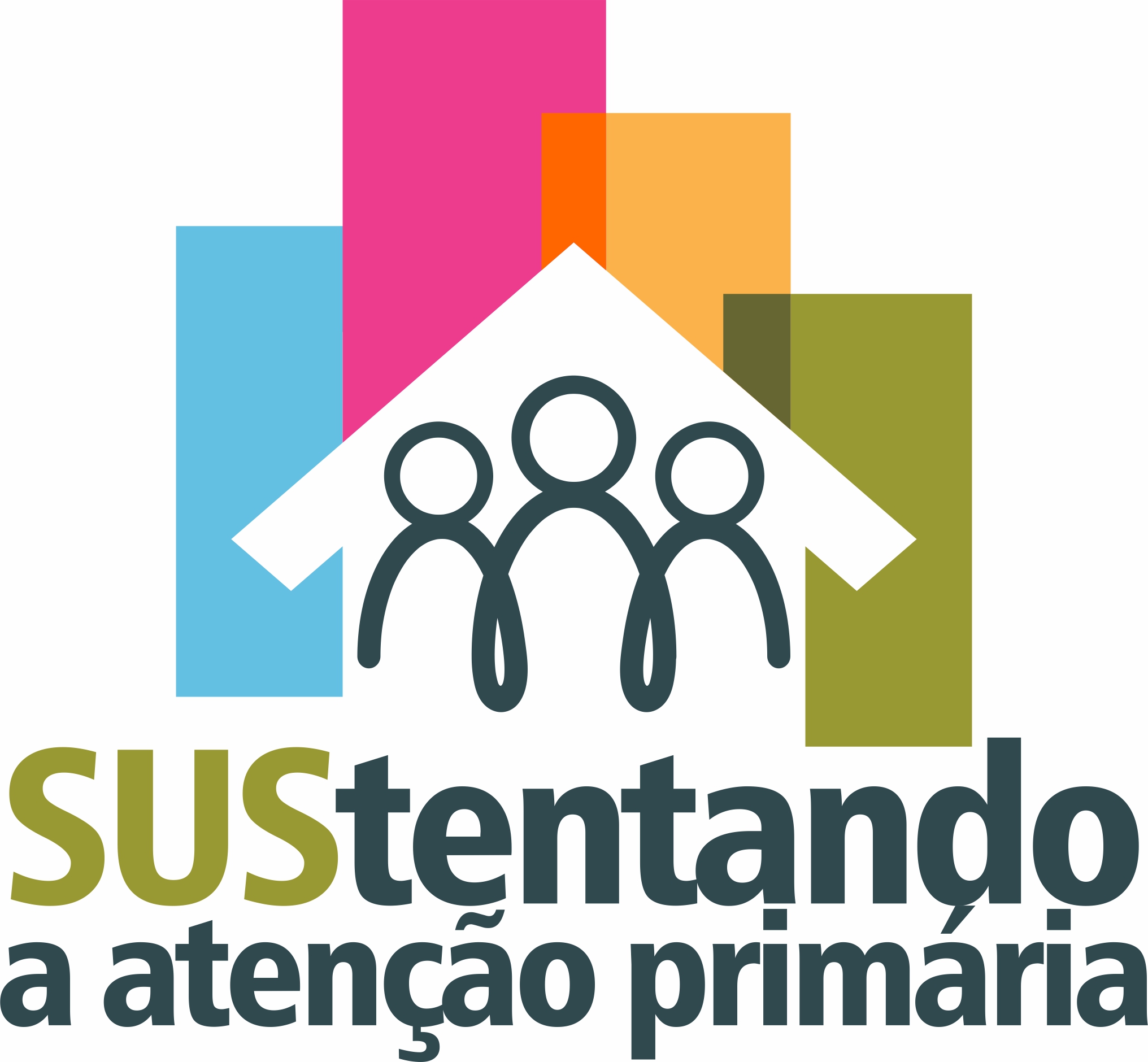 Imagem com o logo do projeto SUStentando a Atenção Primária, nas cores azul, rosa, amarelo, verde e branco, com uma casinha ao centro e três bonequinhos dentro. Abaixo está o nome do projeto.
