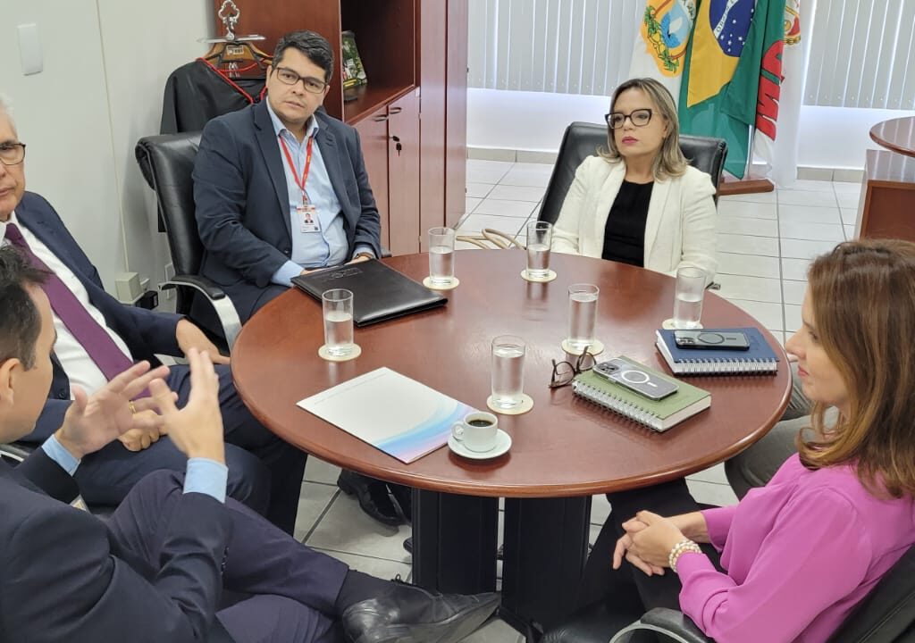 Imagem de pessoas sentadas ao redor de uma mesa para a assinatura de um termo de cooperação interinstitucional.