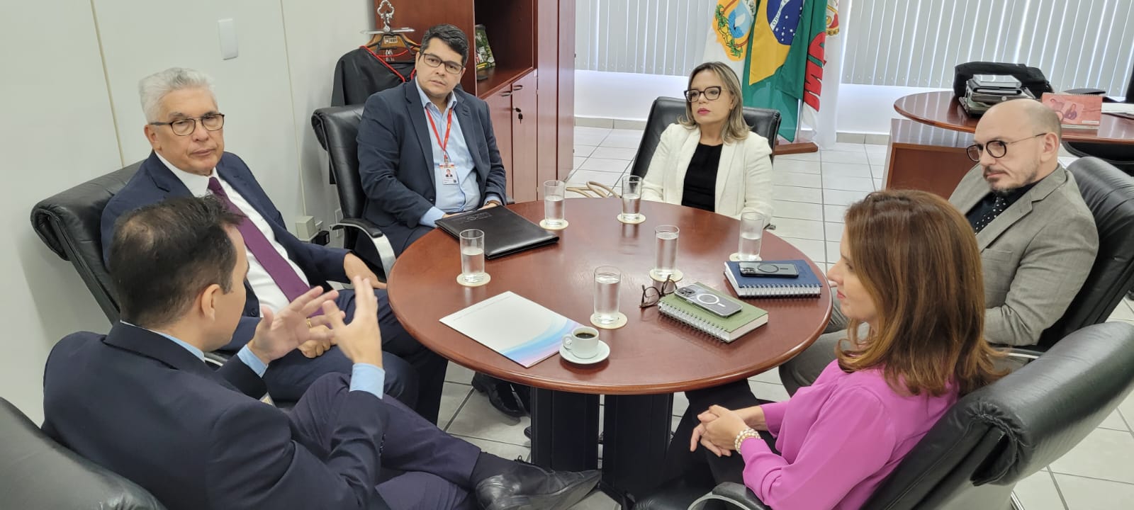 Imagem de pessoas sentadas ao redor de uma mesa para a assinatura de um termo de cooperação interinstitucional.