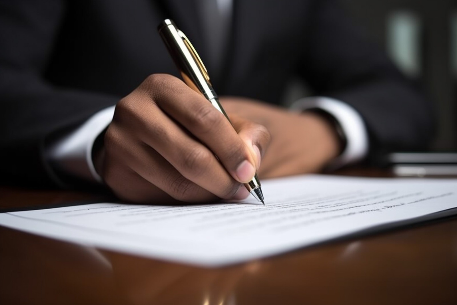 Imagem de um homem, vestido de terno, assinando um documento, que está em cima da mesa.