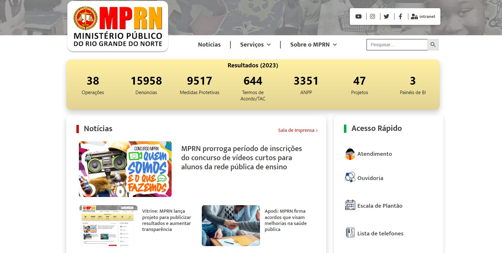 Print da página do portal do MPRN na internet.