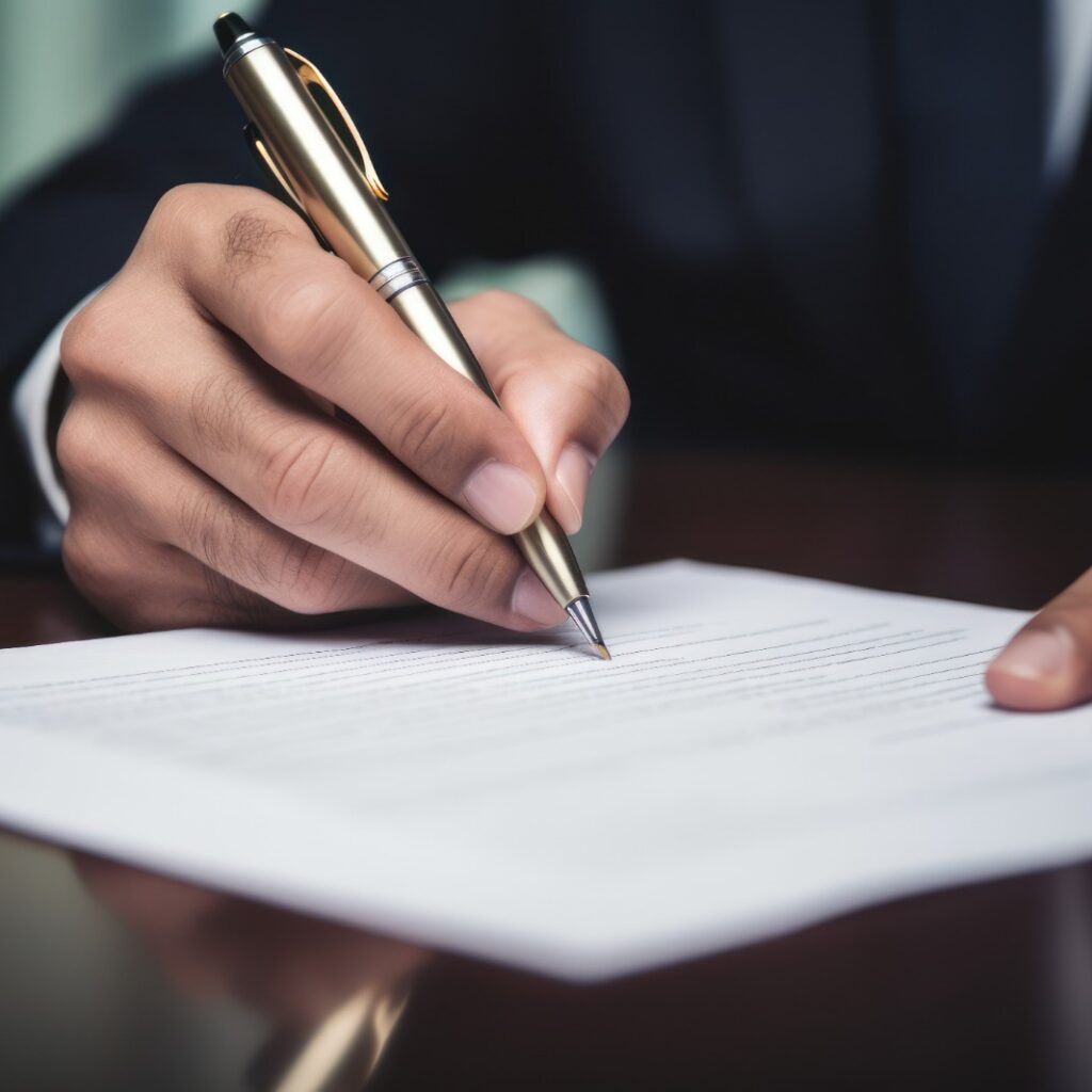 Imagem de um homem, sem aparecer o rosto, assinando um documento.