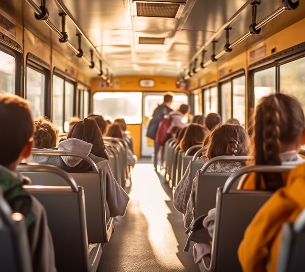 Imagem feita dentro de um onibus de transporte escolar com crianças sentadas em bancos.