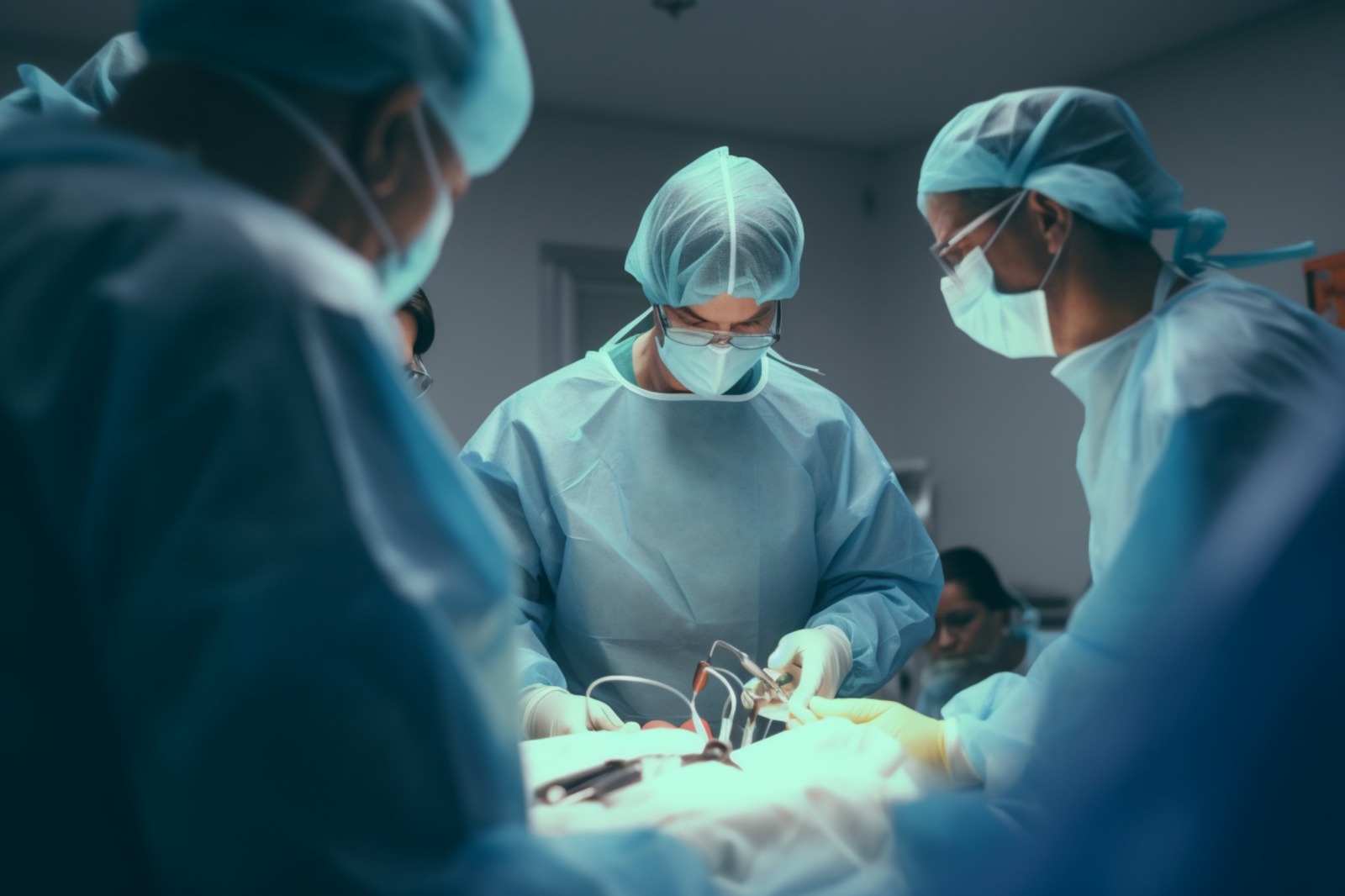Imagem de uma equipe médica realizando uma cirurgia cardíaca em um centro cirúrgico.