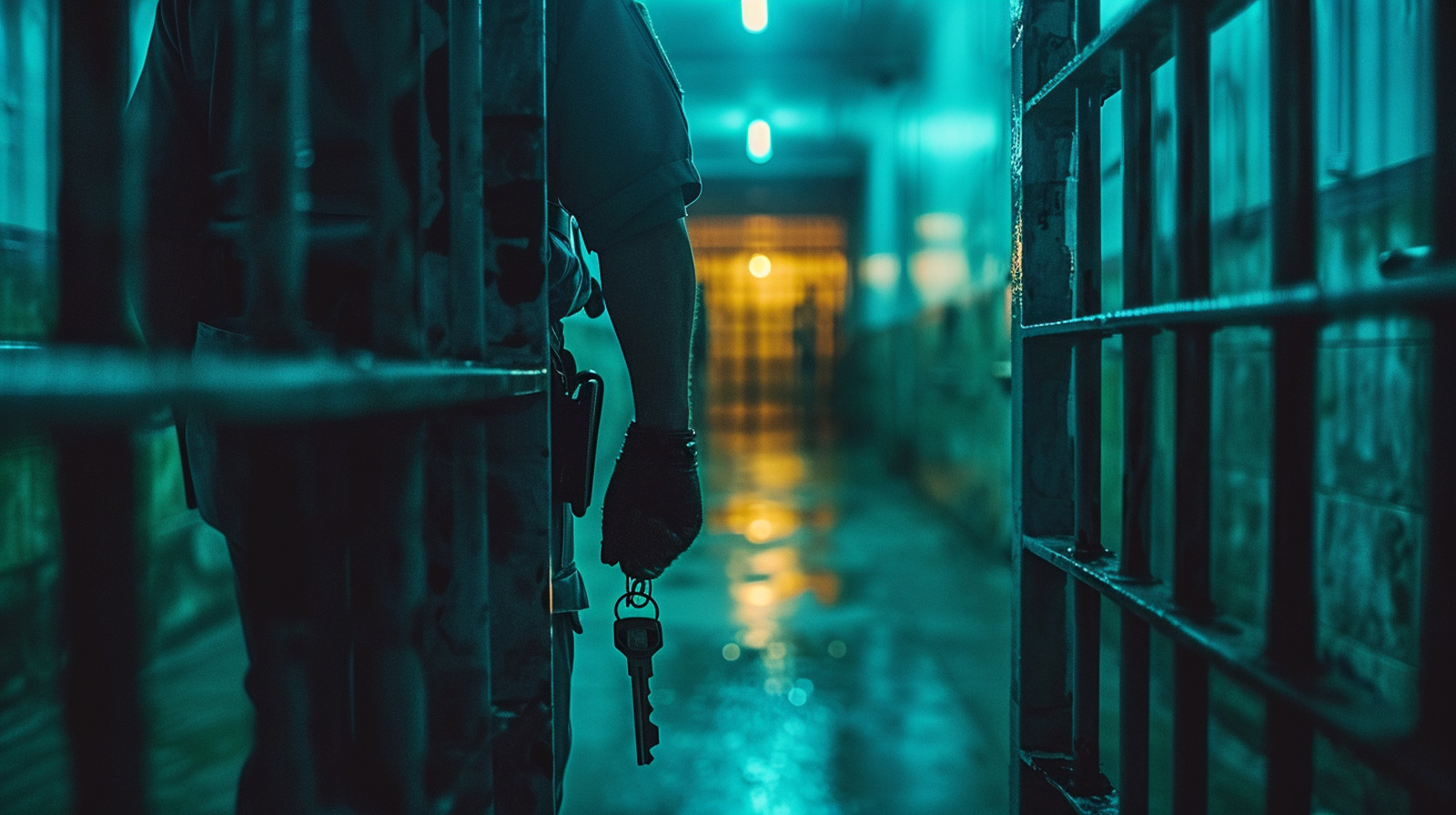 Imagem de um agente penitenciário, em uma ala de presídio, de costas, segurando chaves.