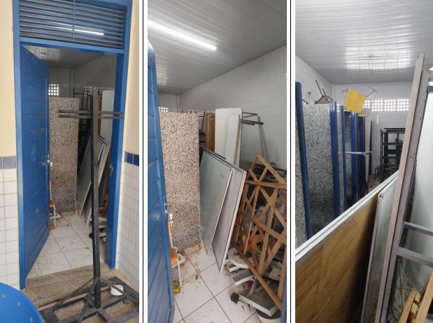 Imagens mostrando salas sendo usadas como depósitos com restos de móveis