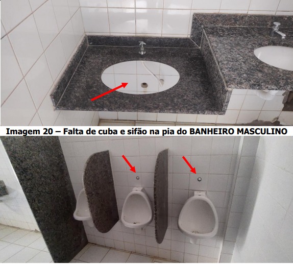 Imagem mostrando pia de banheiro sem cuba e mictórios sem torneira