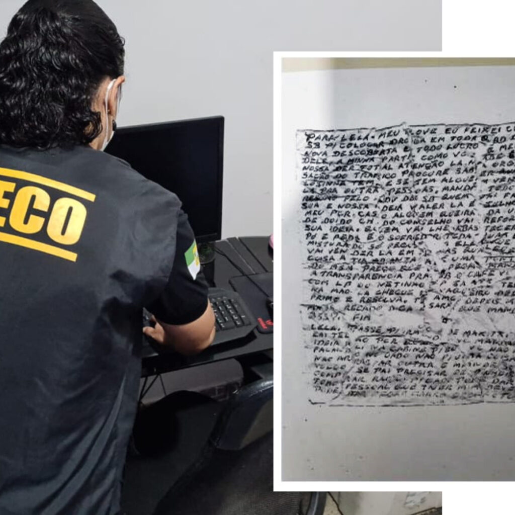 imagem de membro do gaeco do trabalhando e do lado direito um bilhete encontrado na operacao carteiras do mprn