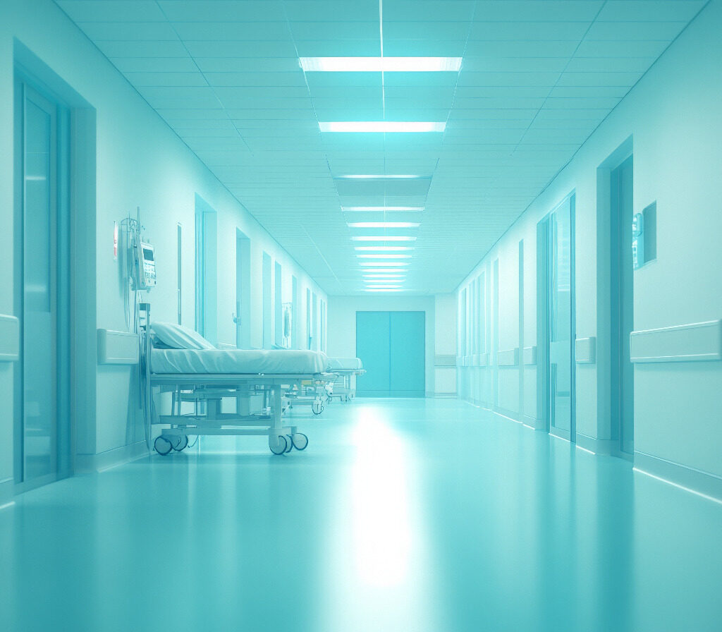 Imagem de coredor de hospital com uma maca infantil vazia
