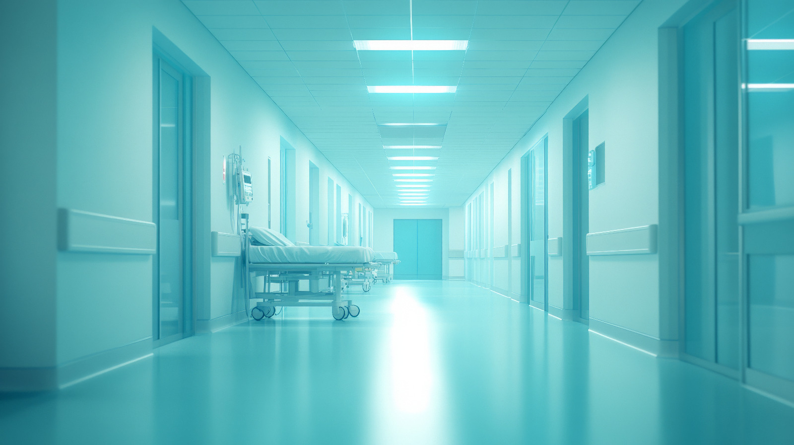 Imagem de coredor de hospital com uma maca infantil vazia