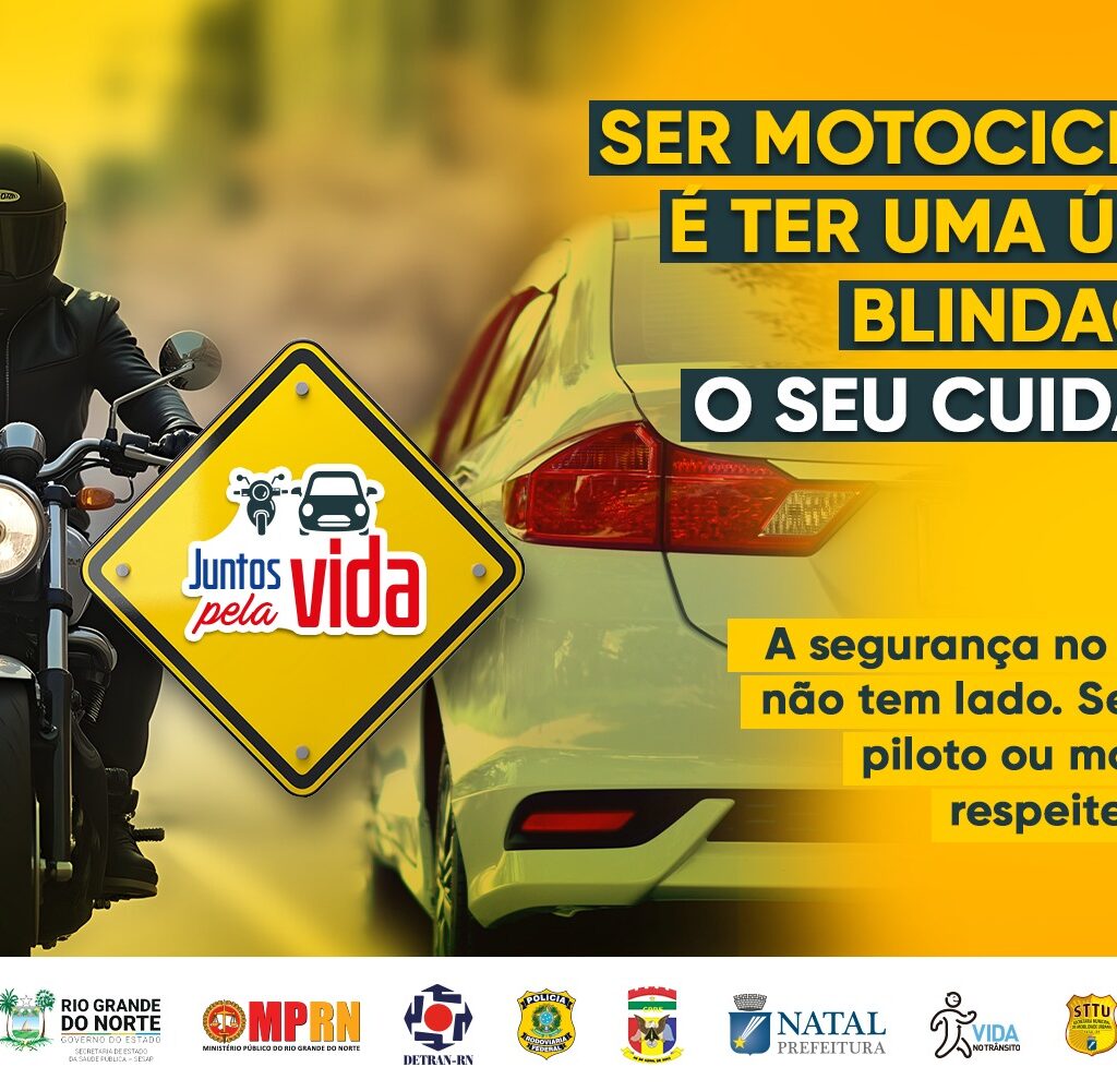 Card que aparece uma motoqueiro numa mota ao lado de um carro branco com os dizeres da campanha "ser motorista é ter uma boa blindagem