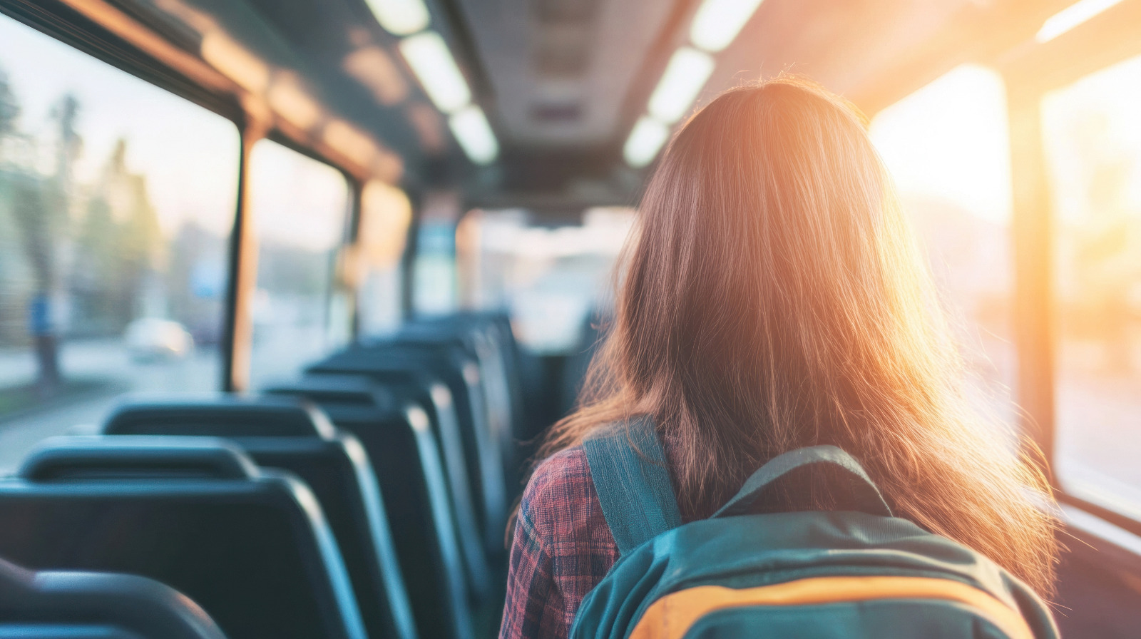 estudante dentro de um onibus de costas com mochila