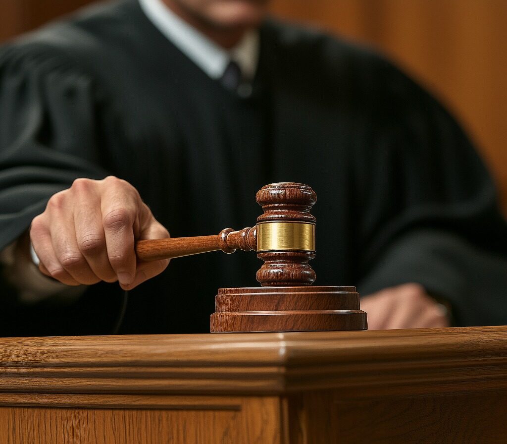Imagem de um um homem, vestido com uma toga preta, batendo um martelo sobre a mesa