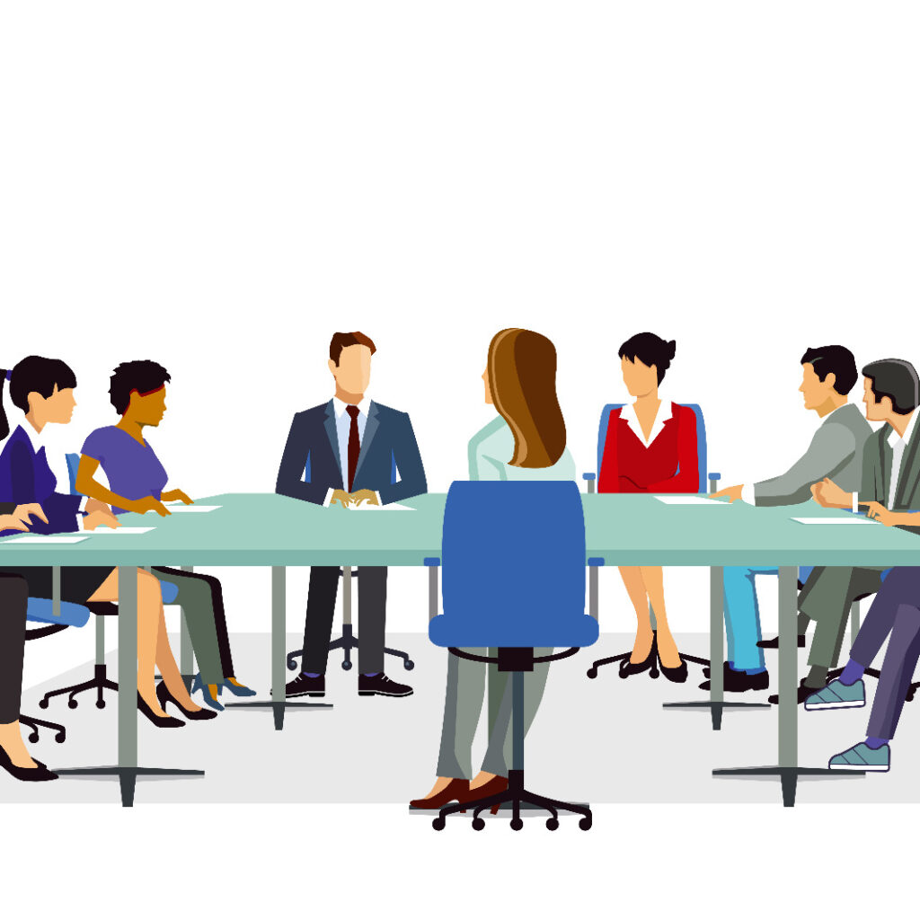 ilustracao mostrando uma reuniao com pessoas sentadas ao redor de uma mesa em alusao ao evento citado no texto
