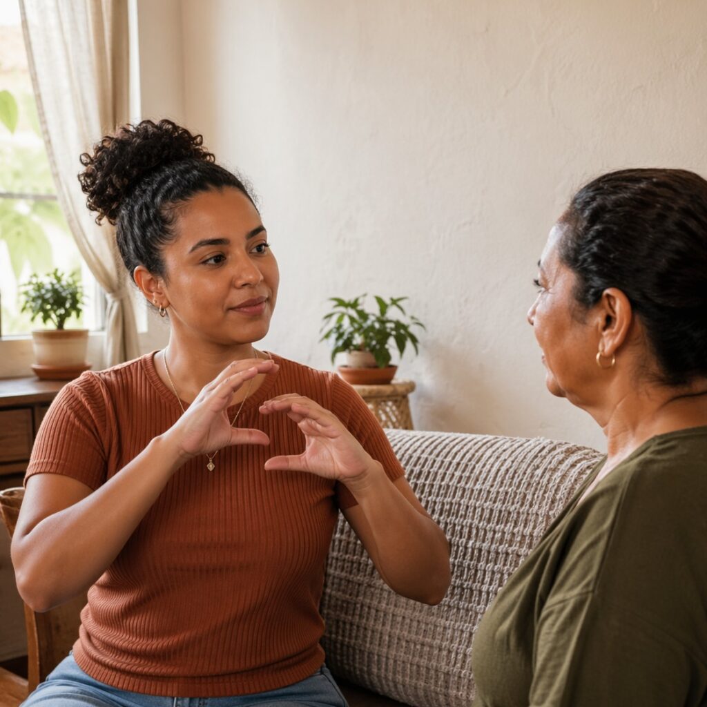 Uma mulher jovem sinaliza com as mãos enquanto conversa com uma mulher mais velha sentada ao seu lado em um sofá.