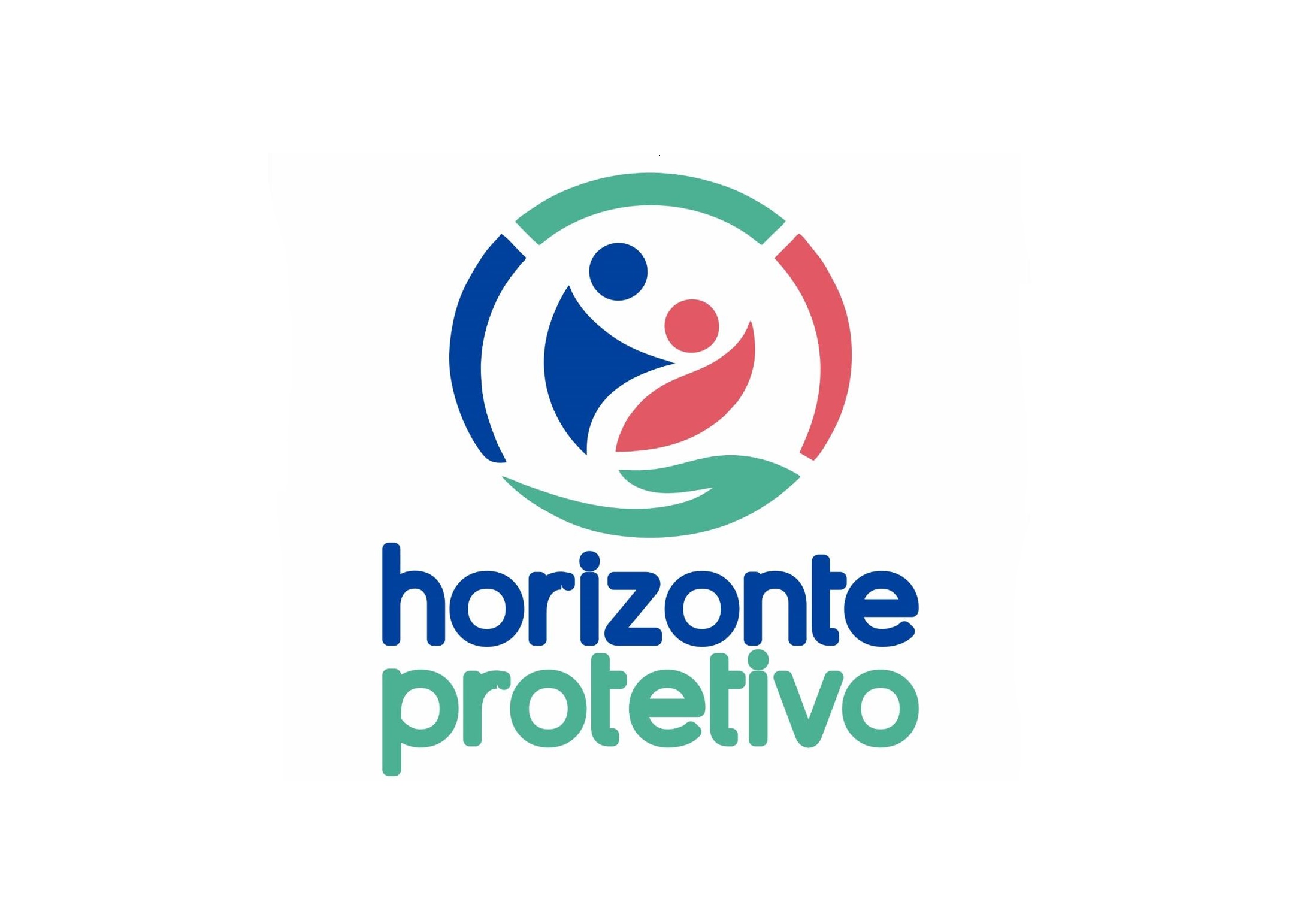 Logotipo circular com as figuras estilizadas de um adulto azul e uma criança rosa amparados por uma mão verde, com o nome "horizonte protetivo" logo abaixo.