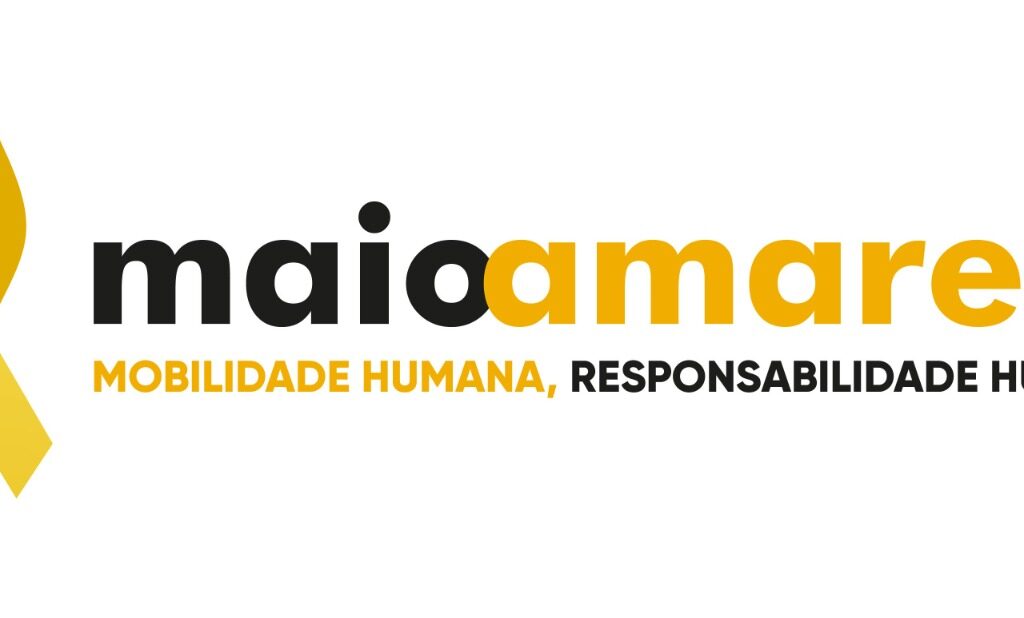 Logotipo da campanha Maio Amarelo composto por um laço amarelo à esquerda e o texto "maioamarelo" em destaque, seguido pela frase "MOBILIDADE HUMANA, RESPONSABILIDADE HUMANA." sobre um fundo branco.