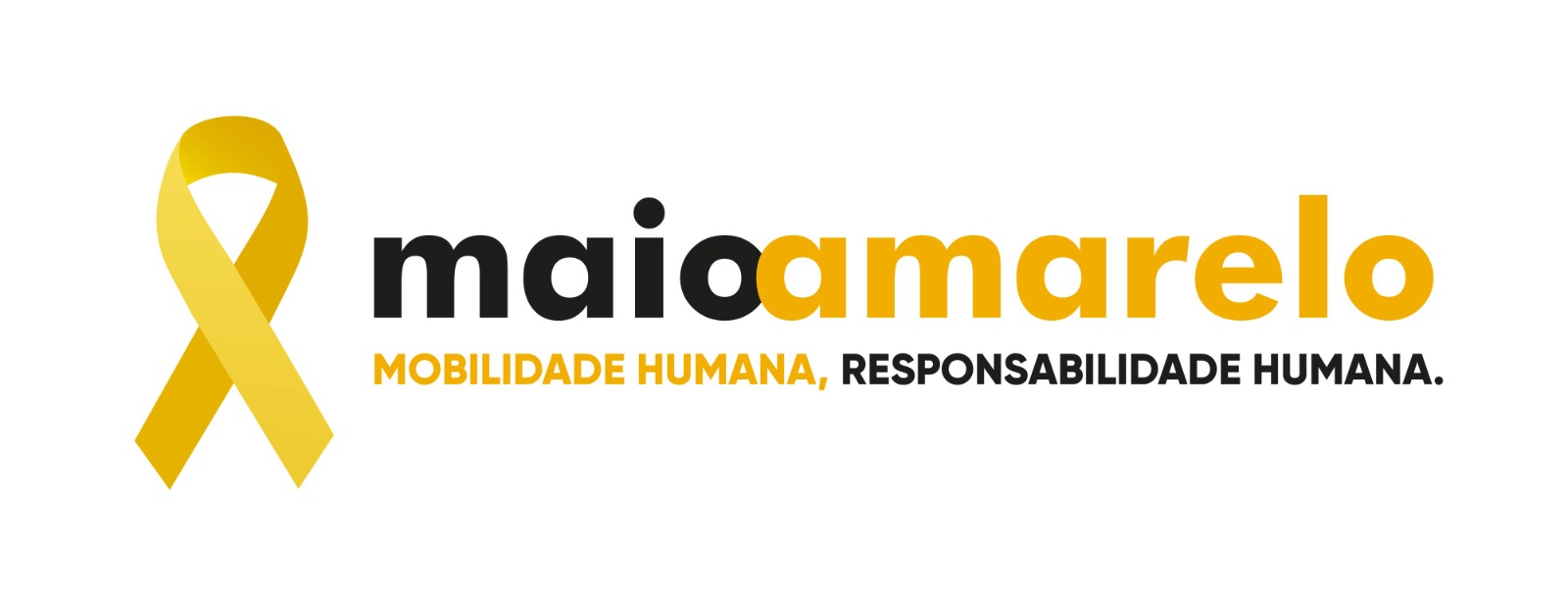 Logotipo da campanha Maio Amarelo composto por um laço amarelo à esquerda e o texto "maioamarelo" em destaque, seguido pela frase "MOBILIDADE HUMANA, RESPONSABILIDADE HUMANA." sobre um fundo branco.