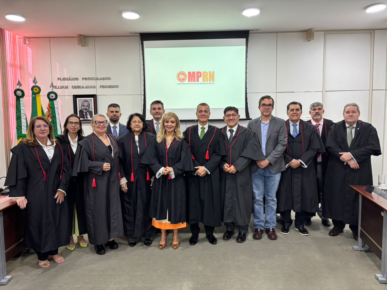 membros do CSMP em pé no plenário vestindo toga