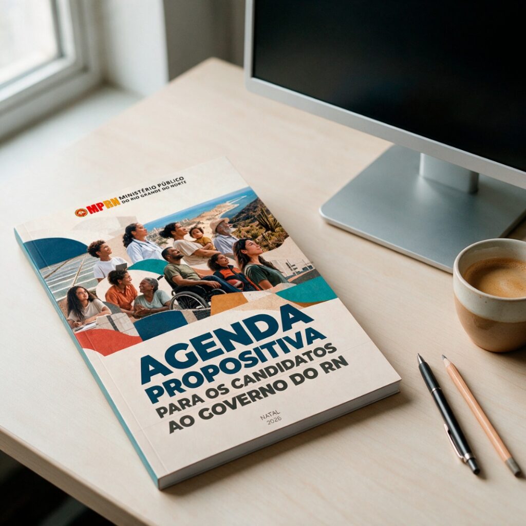 Sobre uma mesa de madeira ao lado de um monitor e uma xícara de café, destaca-se a cartilha do MPRN com o título "AGENDA PROPOSITIVA PARA OS CANDIDATOS AO GOVERNO DO RN"