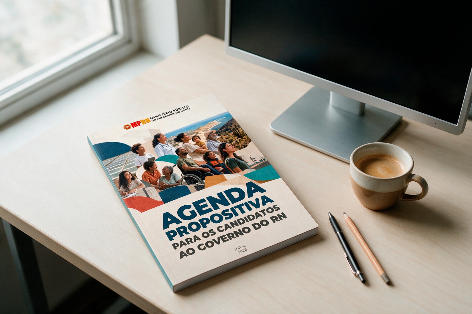 Sobre uma mesa de madeira ao lado de um monitor e uma xícara de café, destaca-se a cartilha do MPRN com o título "AGENDA PROPOSITIVA PARA OS CANDIDATOS AO GOVERNO DO RN"